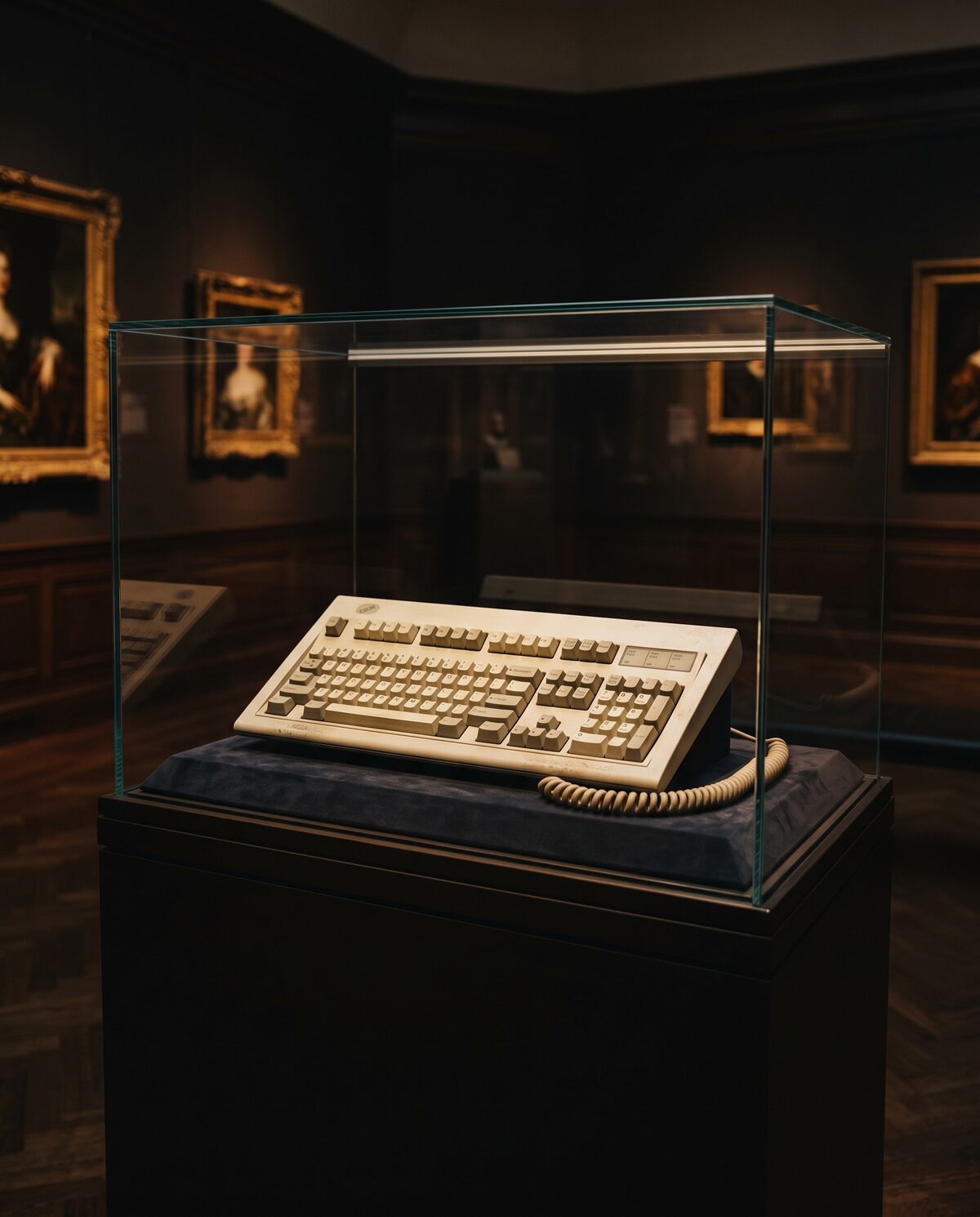 Sala de museo en penumbra: un teclado viejo con su cable, expuesto en una vitrina de cristal entre cuadros clásicos