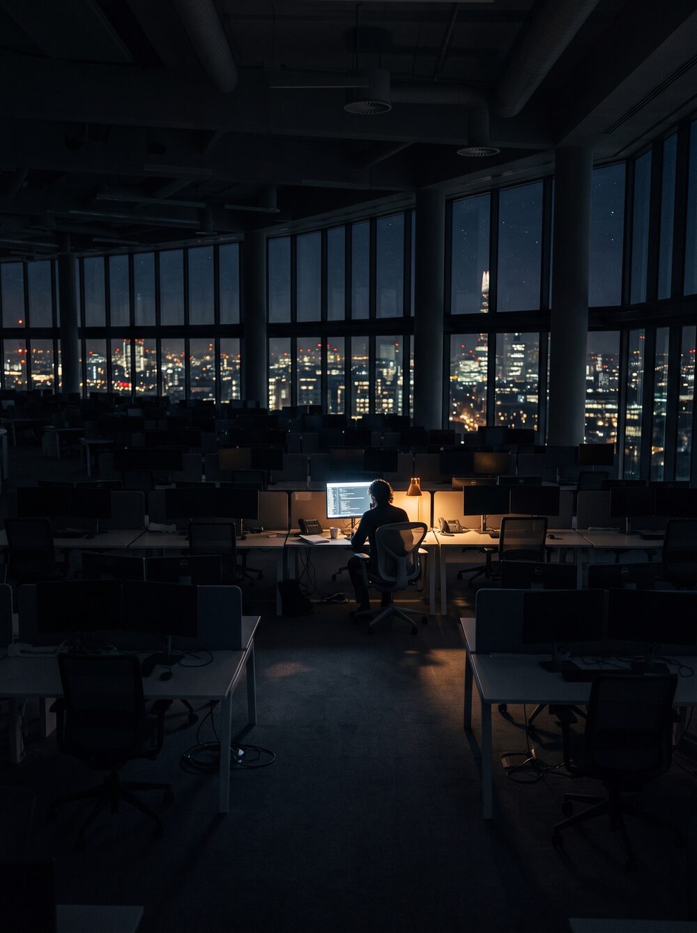 Oficina a oscuras y vacía de noche, con una sola mesa iluminada y una persona trabajando