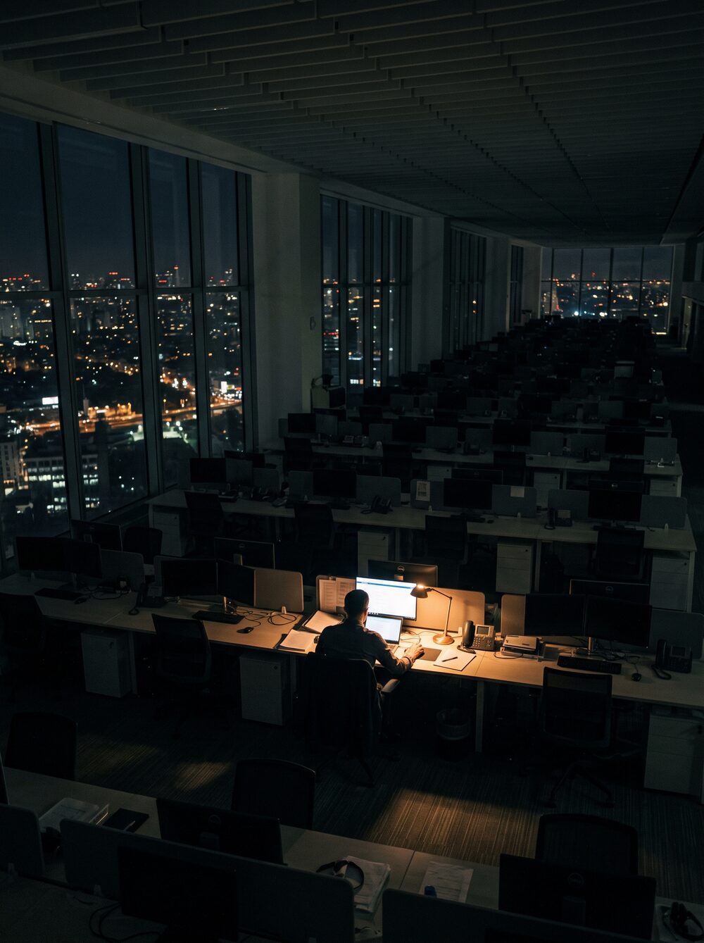 Oficina a oscuras y vacía de noche, con una sola mesa iluminada y una persona trabajando