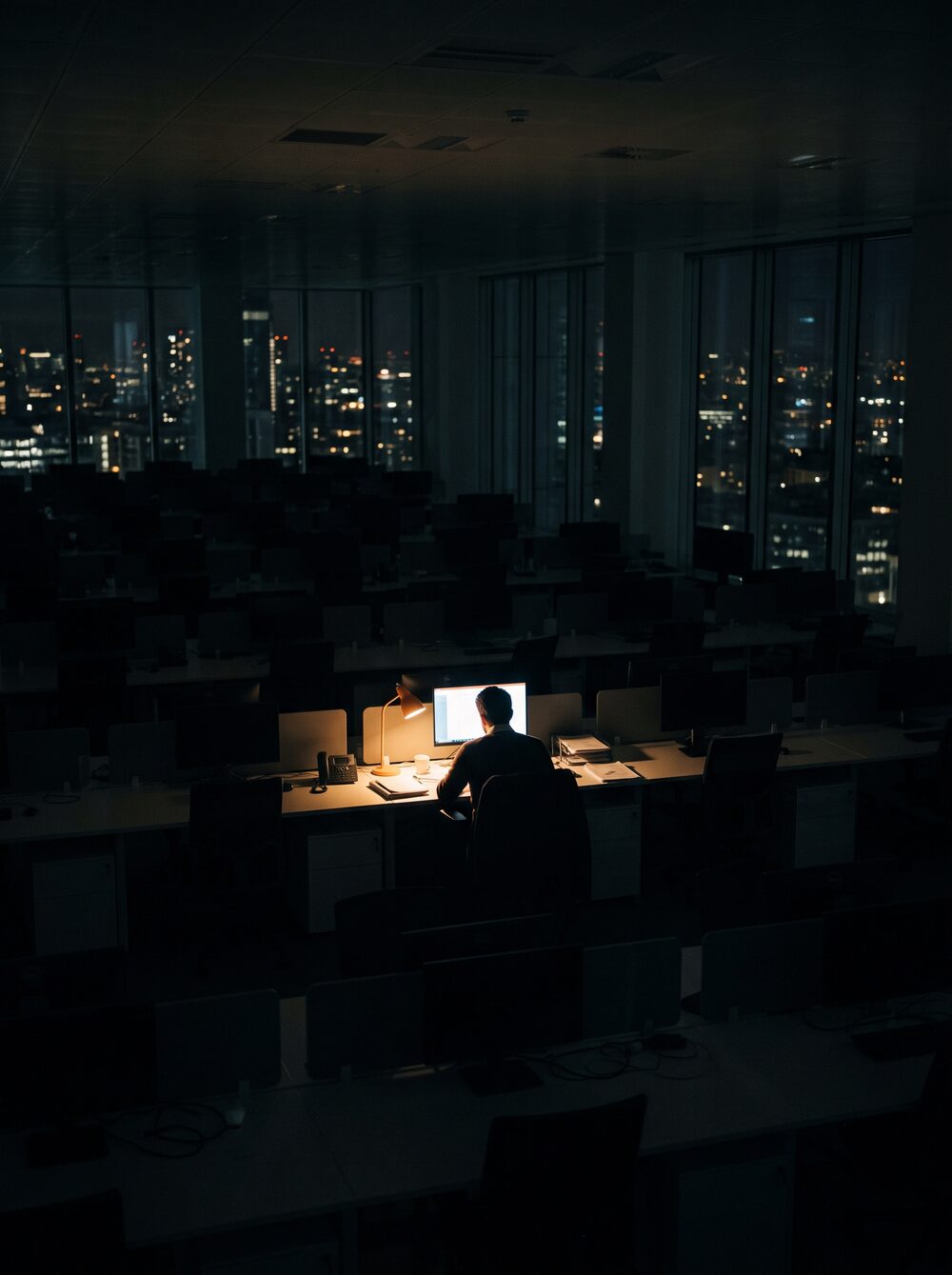 Oficina a oscuras y vacía de noche, con una sola mesa iluminada y una persona trabajando